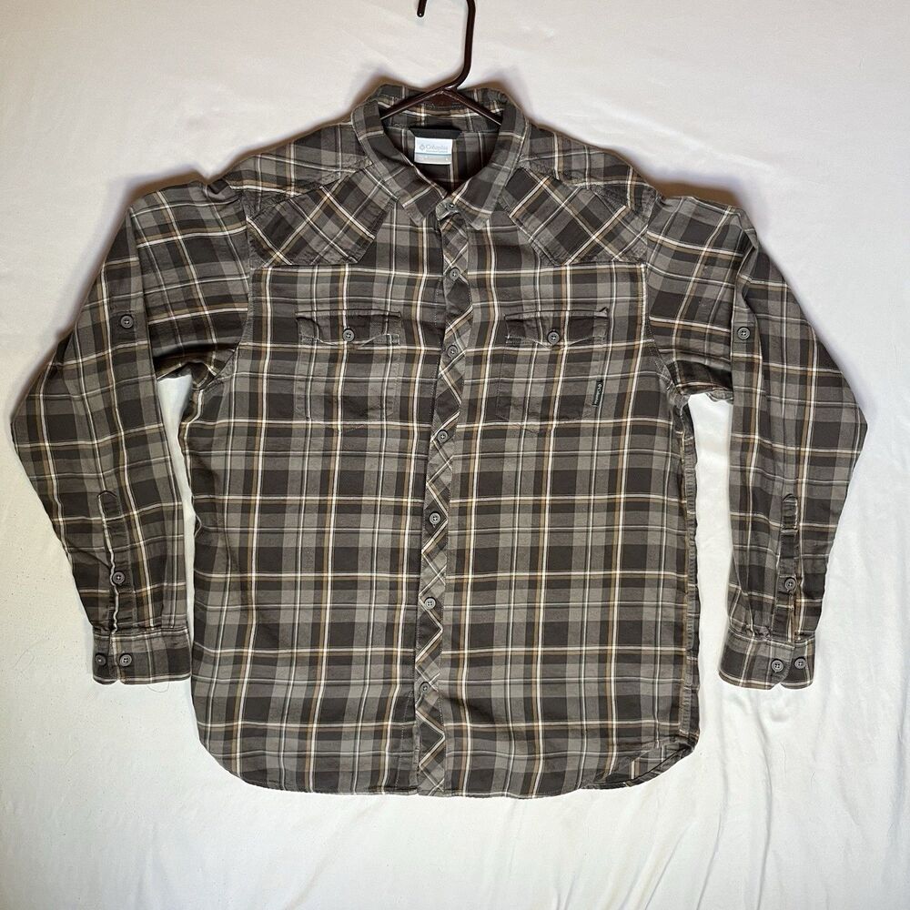 Columbia Sportswear Men's Large Brown Plaid Shirt Long Sleeve Outdoor Button